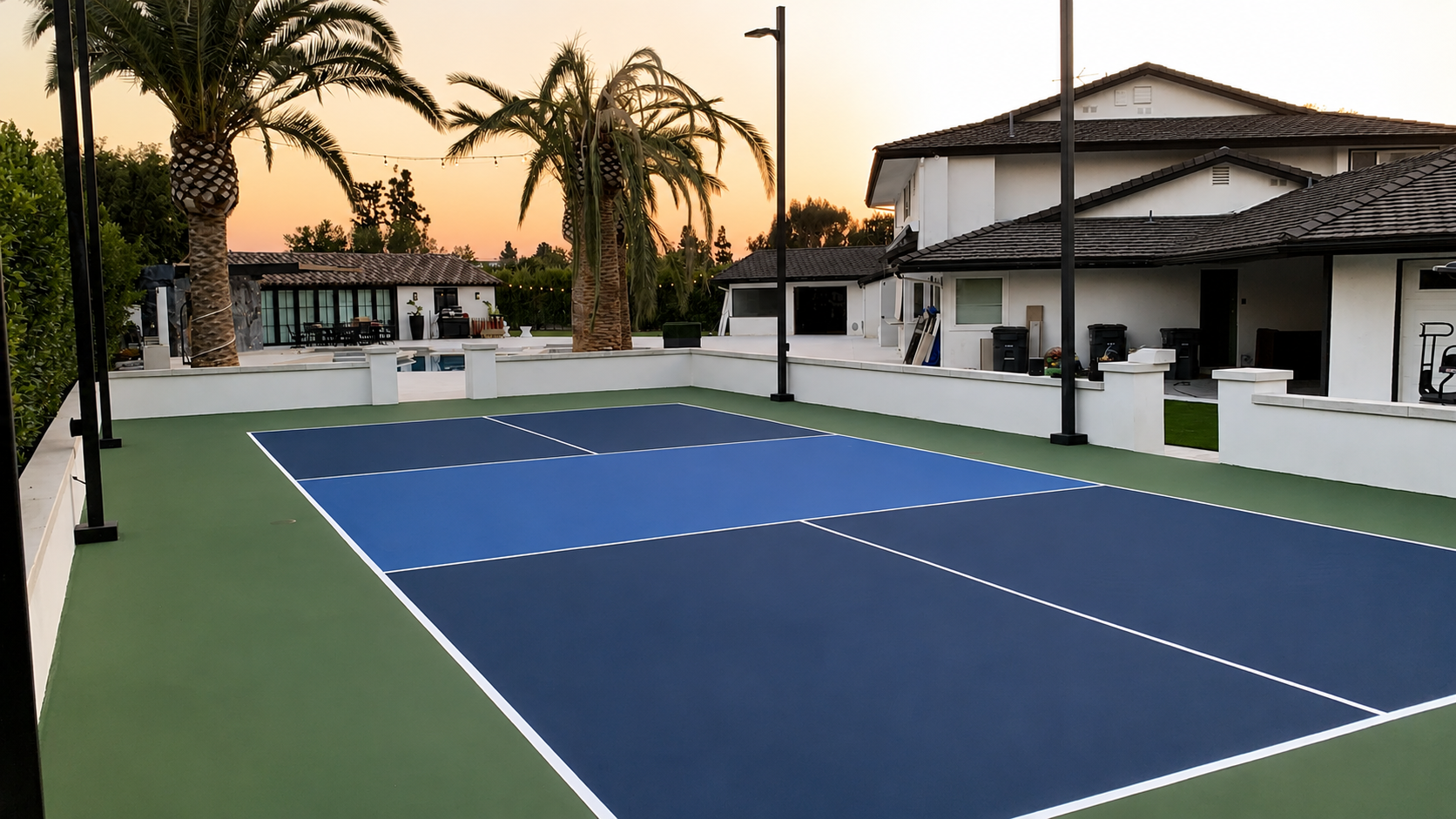 Backyard basketball half-court framed by palm trees in Southern California